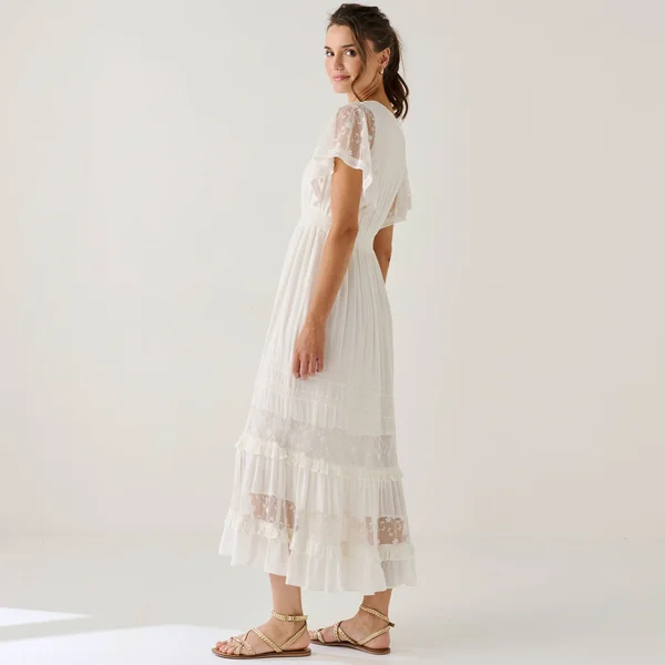 Robe longue crépon et tulle brodé, écru