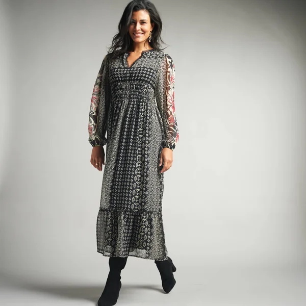 Robe longue en voile, imprimé ethnique, noir / beige