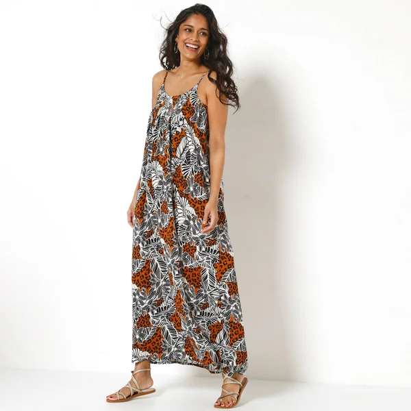Robe longue fluide à fines bretelles, imprimé léopard et végétal, noir / caramel