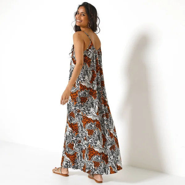 Robe longue fluide à fines bretelles, imprimé léopard et végétal, noir / caramel