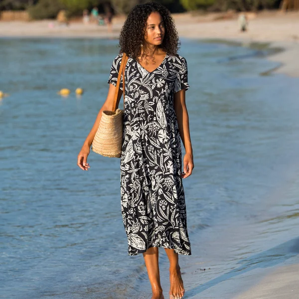 Robe longue imprimée col V, crépon, noir / blanc