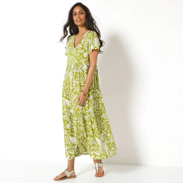 Robe longue imprimée col V, crépon, vert mousse / blanc