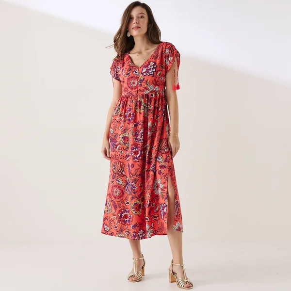 Robe longue imprimée, corail / rouge