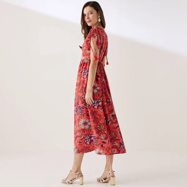 Robe longue imprimée, corail / rouge