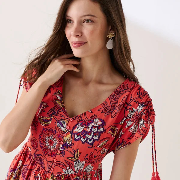 Robe longue imprimée, corail / rouge