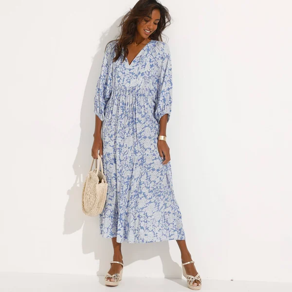 Robe longue imprimée, crépon, bleu grisé