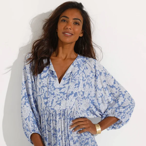Robe longue imprimée, crépon, bleu grisé
