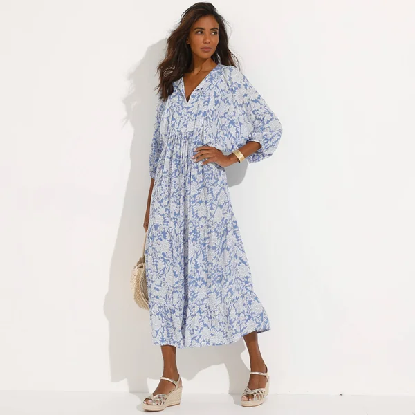 Robe longue imprimée, crépon, bleu grisé
