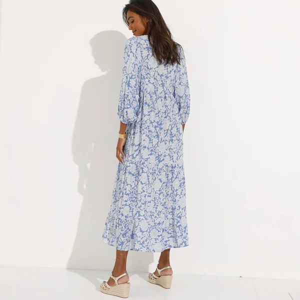 Robe longue imprimée, crépon, bleu grisé