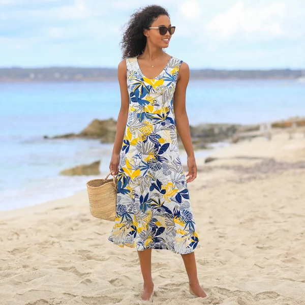 Robe longue imprimée sans manches, bleu / jaune