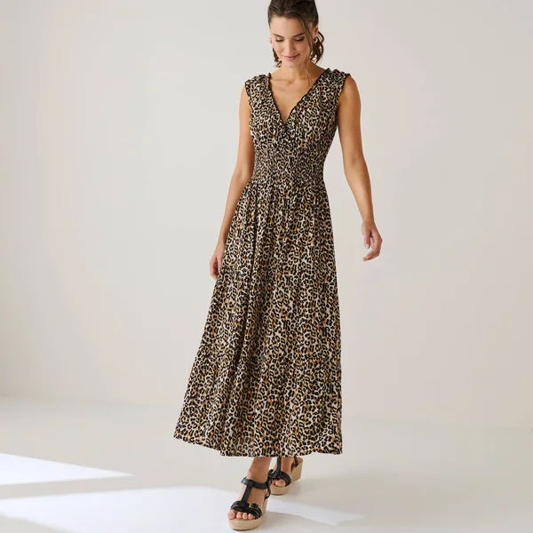 Robe longue imprimée, sans manches, taupe / noir