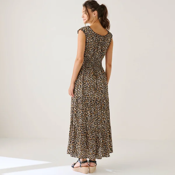 Robe longue imprimée, sans manches, taupe / noir