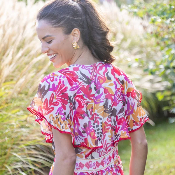 Robe longue manches volantées, imprimé multicolore, multicolore