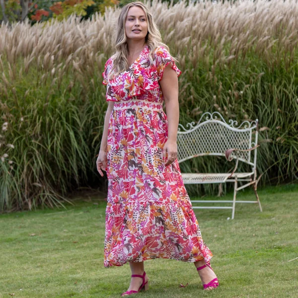 Robe longue manches volantées, imprimé multicolore, multicolore
