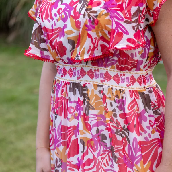 Robe longue manches volantées, imprimé multicolore, multicolore