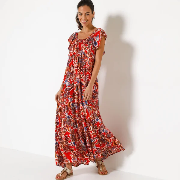 Robe longue volantée, crépon imprimé, rouge / bleu