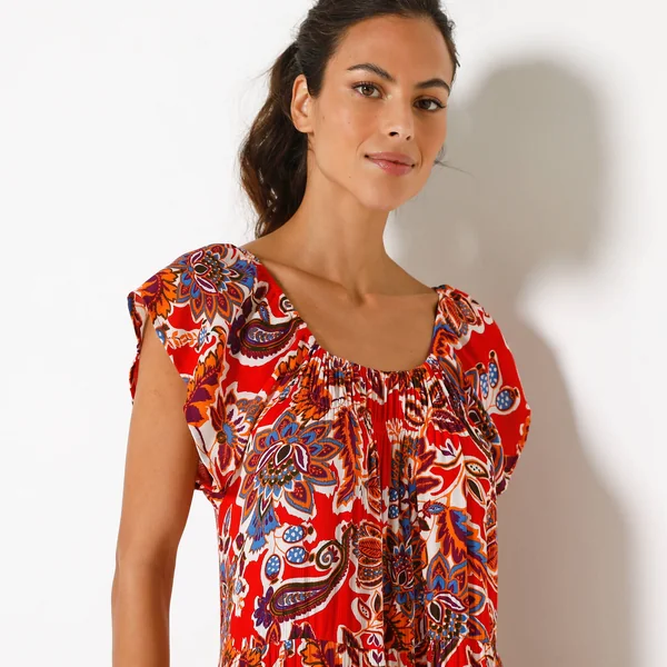 Robe longue volantée, crépon imprimé, rouge / bleu
