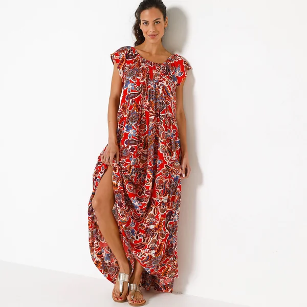 Robe longue volantée, crépon imprimé, rouge / bleu