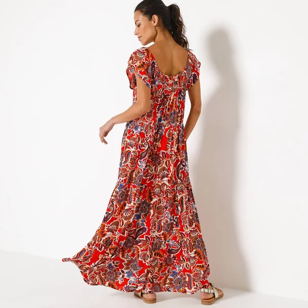 Robe longue volantée, crépon imprimé, rouge / bleu