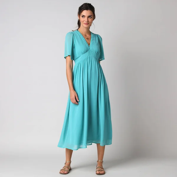Robe longue volantée unie, à manches courtes papillon, vert