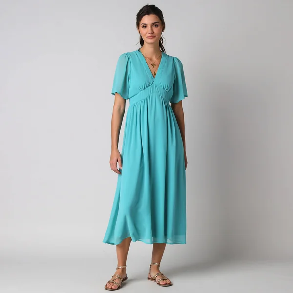 Robe longue volantée unie, à manches courtes papillon, vert