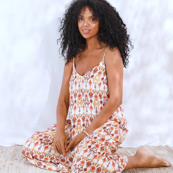 Robe longue à fines bretelles, imprimé fantaisie, écru / multicolore