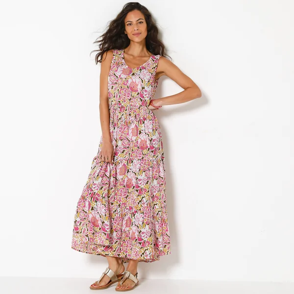 Robe longue à volants, crépon imprimé, kaki / rose