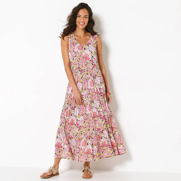 Robe longue à volants, crépon imprimé, kaki / rose