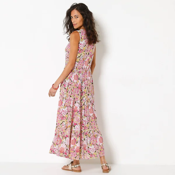 Robe longue à volants, crépon imprimé, kaki / rose
