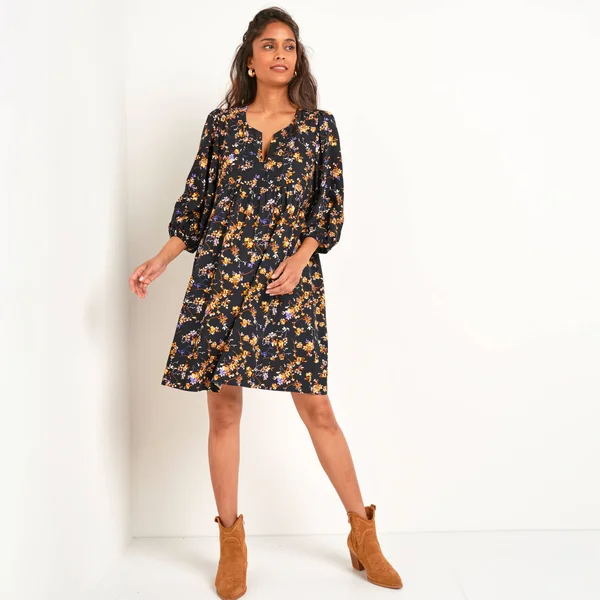 Robe manches blousantes, imprimé fleuri, noir / miel