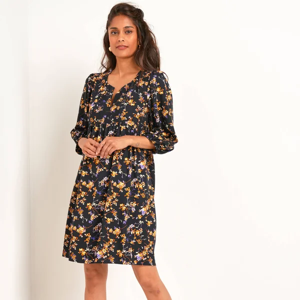 Robe manches blousantes, imprimé fleuri, noir / miel