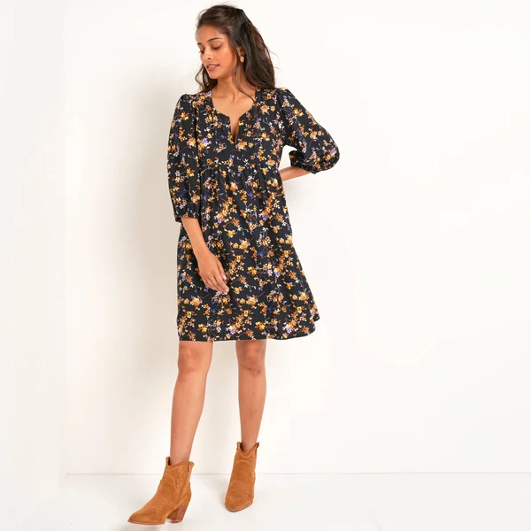 Robe manches blousantes, imprimé fleuri, noir / miel