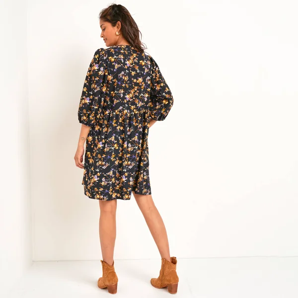Robe manches blousantes, imprimé fleuri, noir / miel