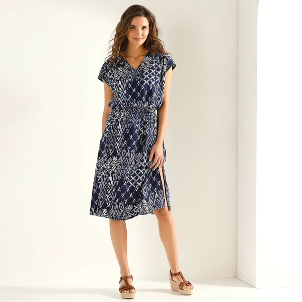 Robe manches courtes, crêpe imprimé, marine / écru