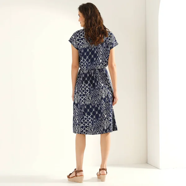 Robe manches courtes, crêpe imprimé, marine / écru