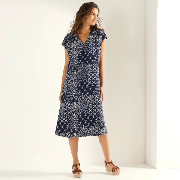 Robe manches courtes, crêpe imprimé, marine / écru