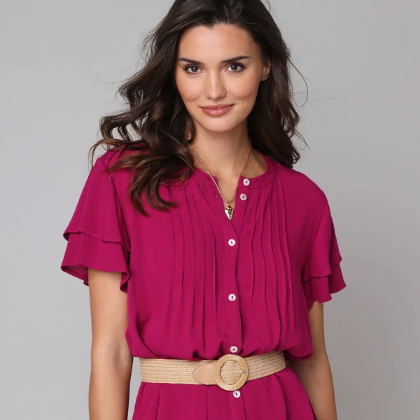 Robe unie manches courtes papillon, crépon, figue