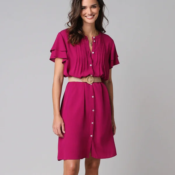 Robe unie manches courtes papillon, crépon, figue