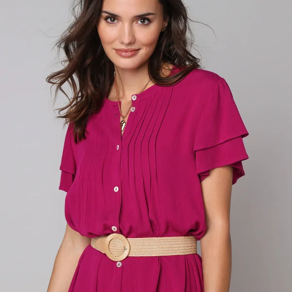 Robe unie manches courtes papillon, crépon, figue