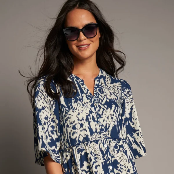 Robe évasée à volants, imprimé ethnique bicolore, indigo / écru