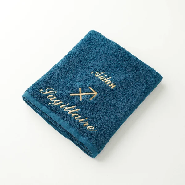Serviettes de bain brodées Sagittaire personnalisable - 420g/m2, bleu paon