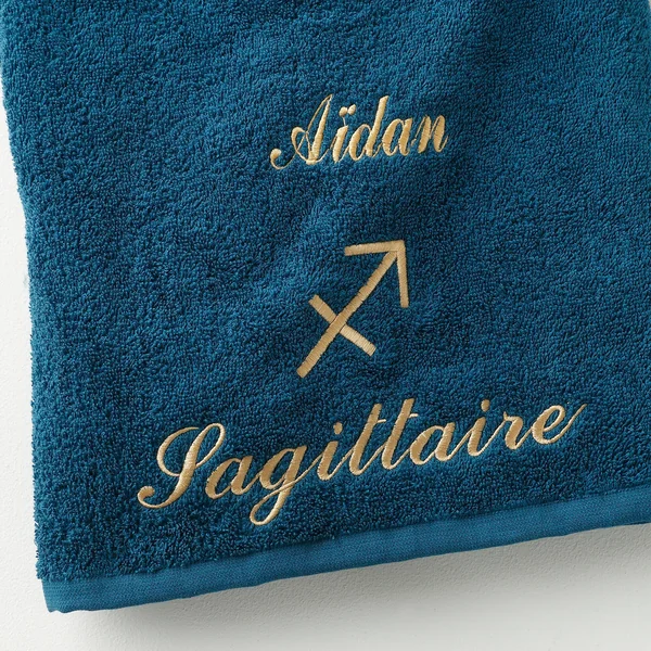 Serviettes de bain brodées Sagittaire personnalisable - 420g/m2, bleu paon