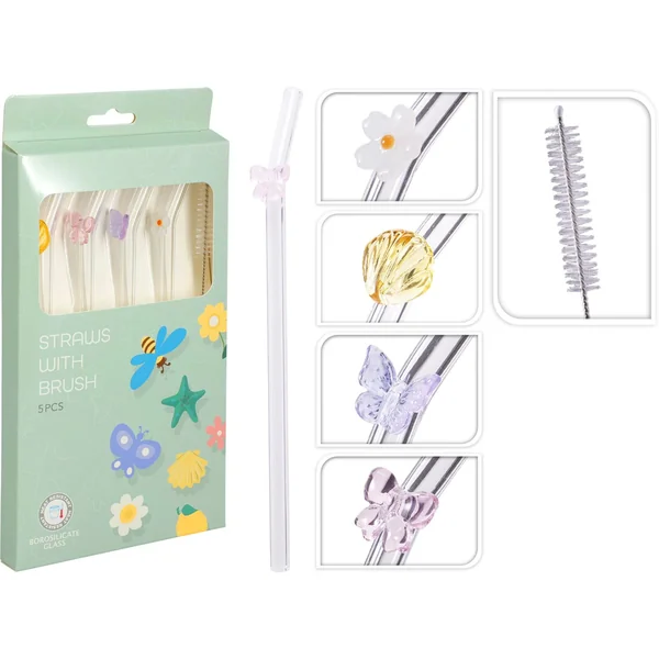 SET 4 PAILLES VERRE DECOREE FLEUR AVEC GOUPILLON