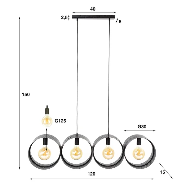 Suspension industrielle en métal anthracite 4 lampes Zoeline