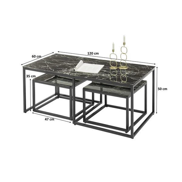 Table basse industrielle métal et verre noir (lot de 3) Claudia
