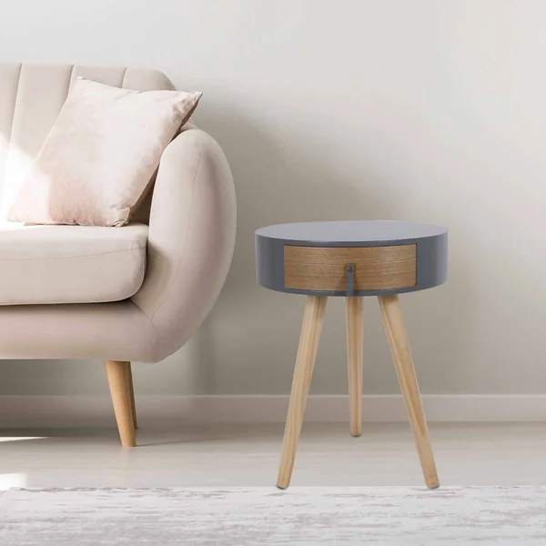 Table de chevet ronde bicolore TIHAME - 1 tiroir, gris