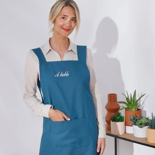 Tablier de cuisine japonais coton uni personnalisable, bleu