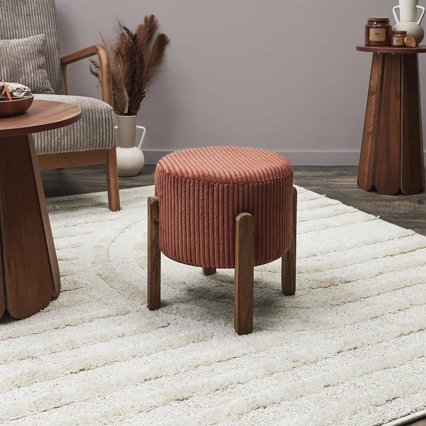 Tabouret cylindrique, pieds en bois, terracotta