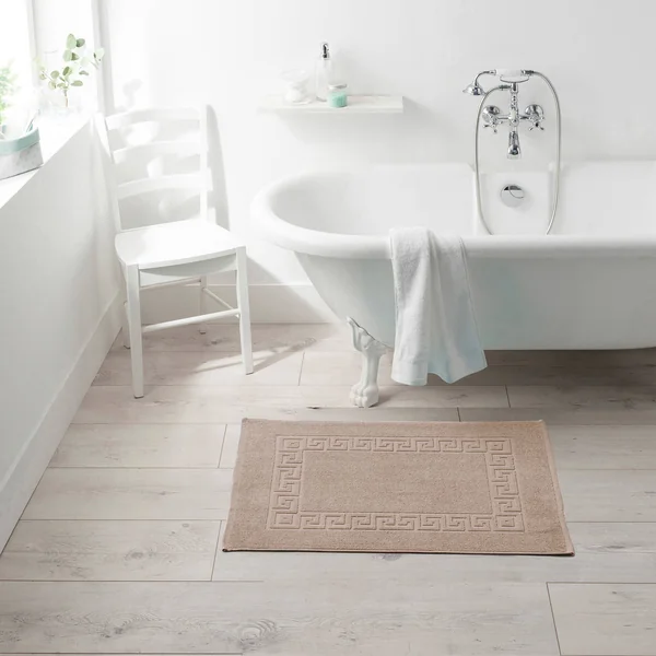 Tapis de bain éponge liteau motif frise grecque, taupe