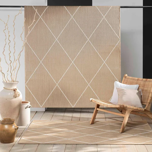 Tapis rectangulaire, tissage motif losanges, naturel